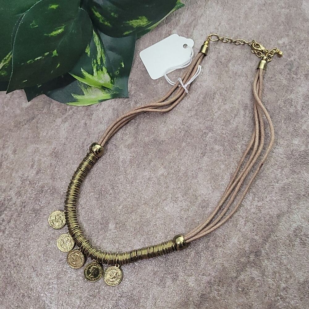 ZAD brown leather & gold toned coin necklace NEW